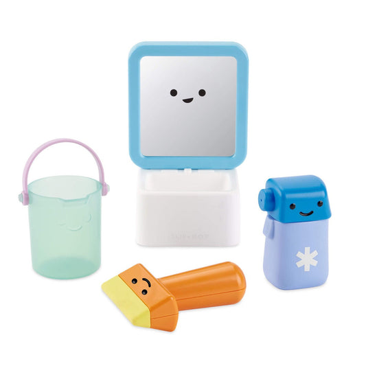 Set of children's bath toys including a bucket, mirror, and two small containers on a white background