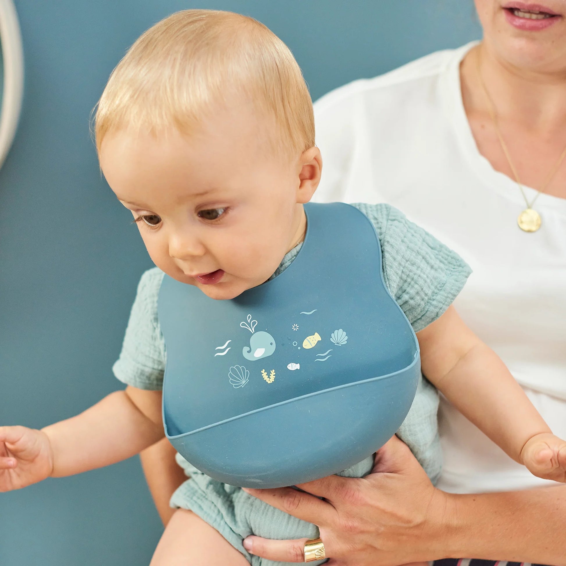 Nattou - Silicone Bib with Drip Tray | Infinity Blue Nattou - Silicone Bib with Drip Tray | Infinity Blue