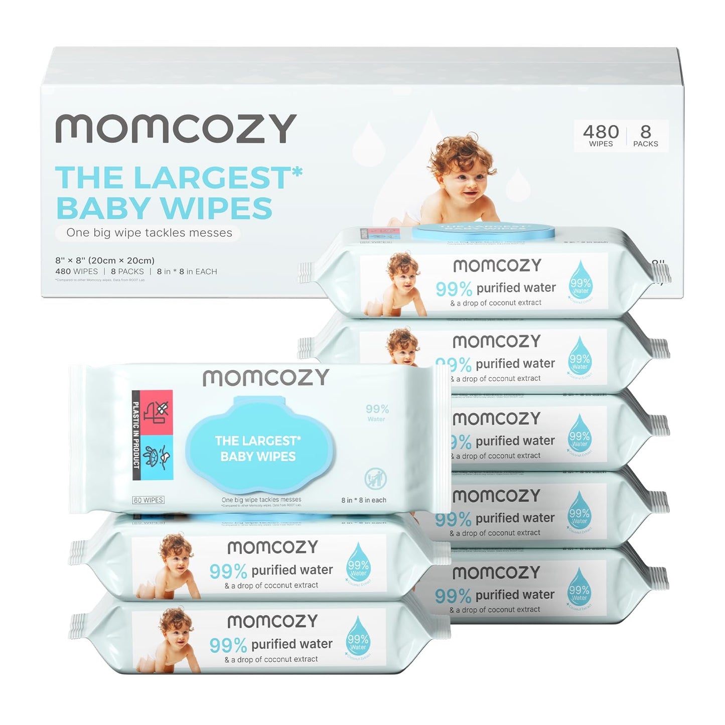 Momcozy - Largest Water Wipes Box | 8x60 Wipes