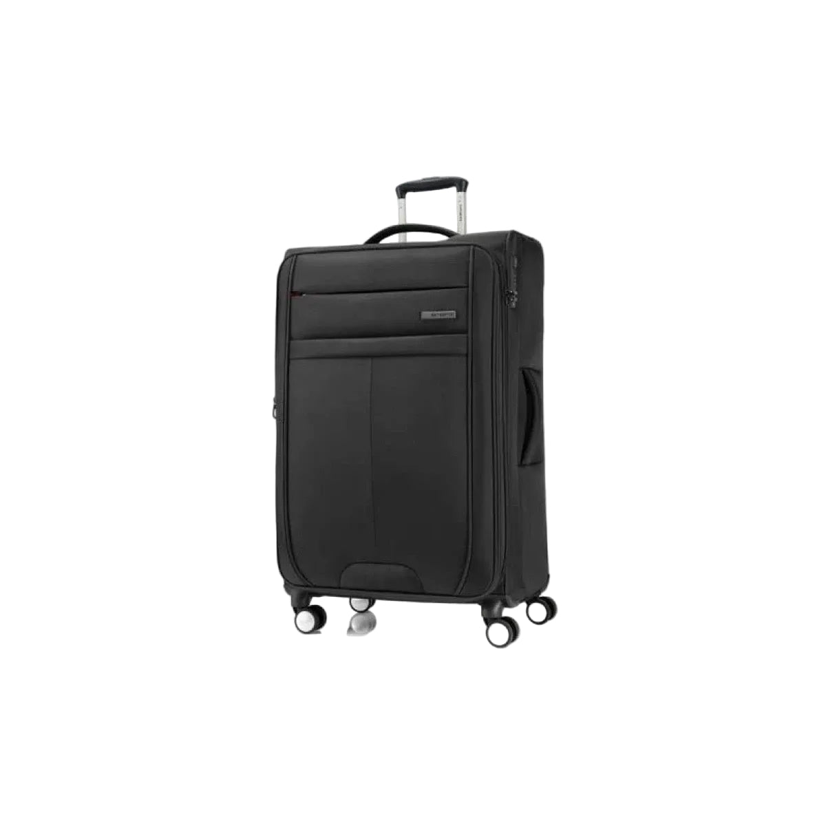 Black suitcase with wheels on a white background