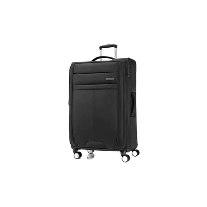 Black suitcase with wheels on a white background