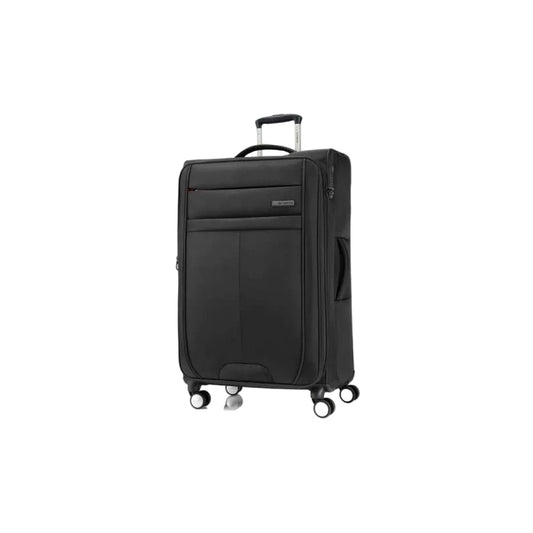 Black suitcase with wheels on a white background