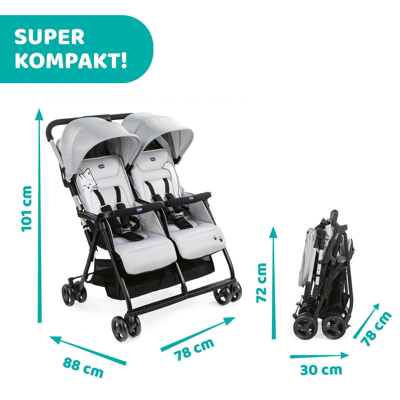 Chicco - OHLAL Twin StrollerSilver Cat Chicco - OHLAL Twin StrollerSilver Cat