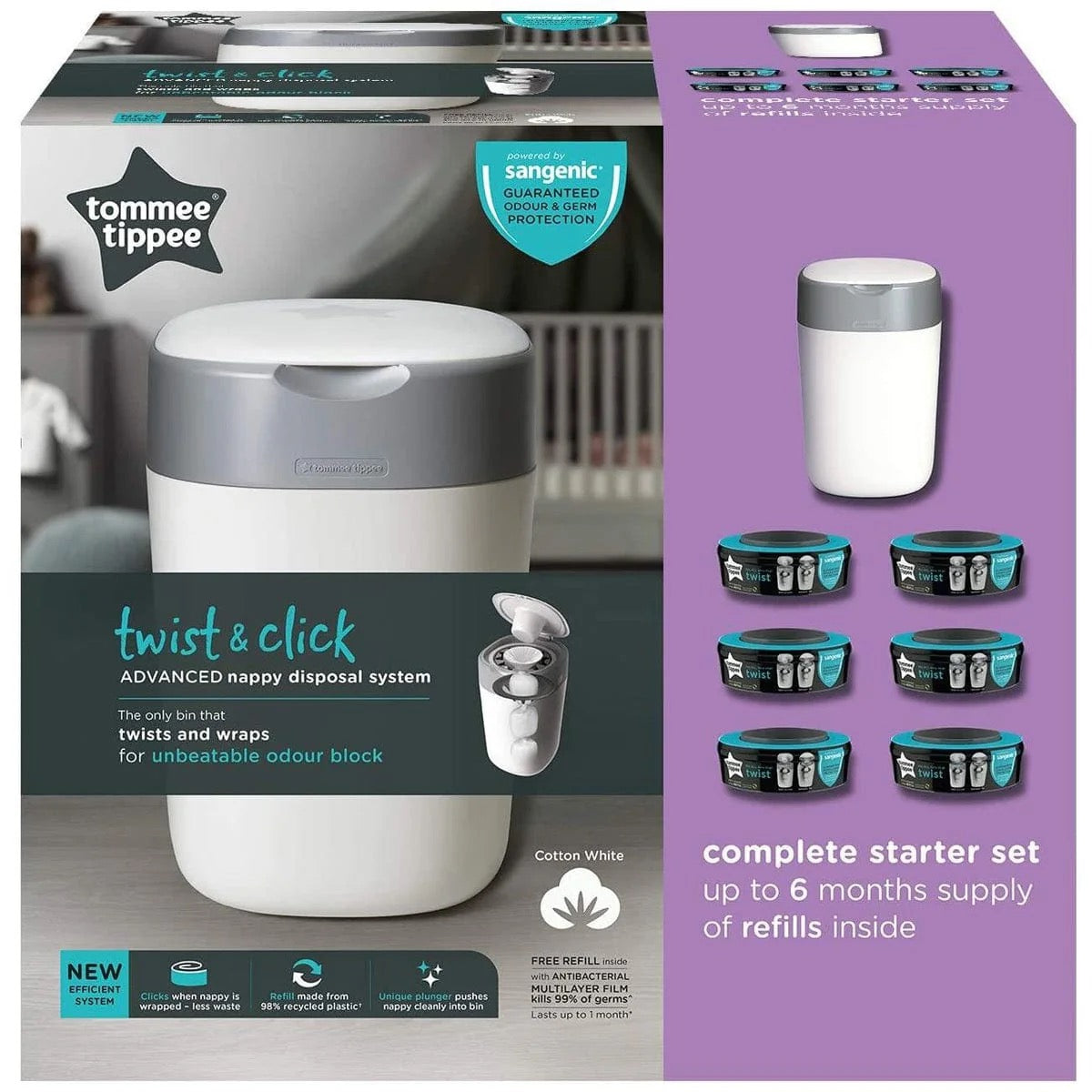 Tommee Tippee Twist & Click Disposal System | White | With 6 Cassettes