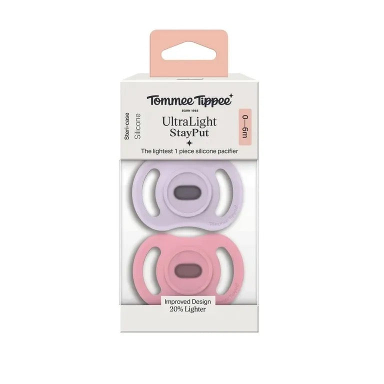 Tommee Tippee - Baby Ultralight StayPut Silicone Pacifier | Pink & Purple | 0-6m | 2 Pack