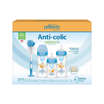 Dr Brown's - Wide-Neck Options+ Anti-Colic Baby Bottles Gift Set | Blue