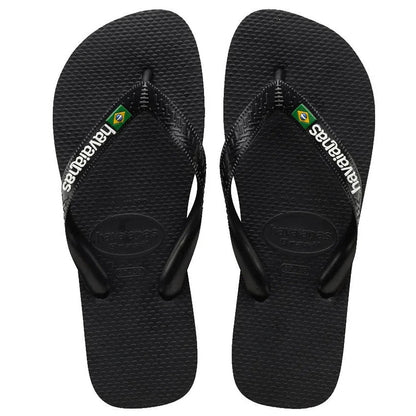 Black flip-flops with brand logo on a white background