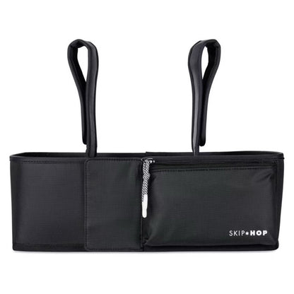 Black baby stroller organizer with handles on a white background, featuring the 'Skip Hop' brand.