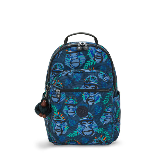 Kipling SEOUL College Backpack Blue Monkey Fun - front view