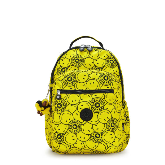 Kipling Seoul Lap Smiley Backpack Yellow Fun Ball - front view