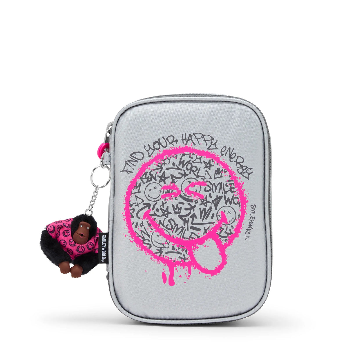Kipling 100 Pens Large Pencase Happy Face Silver - front view