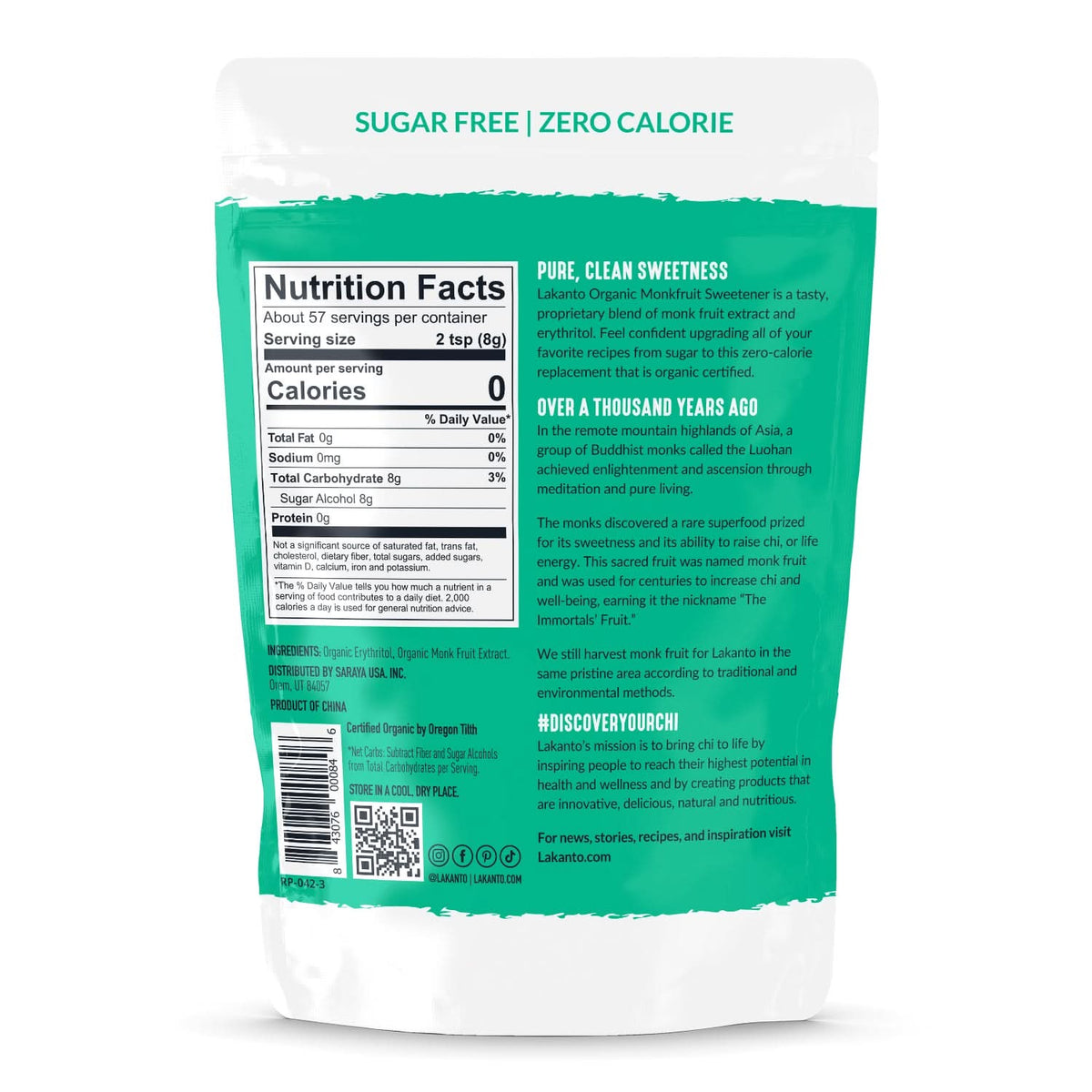 Lakanto Organic Classic Monk Fruit Sweetener back of pack with ingredients