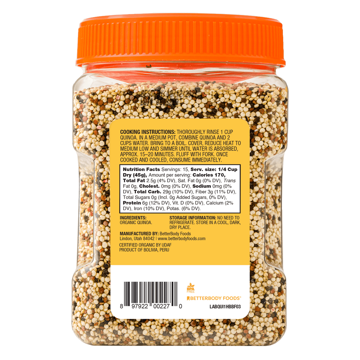 BetterBody Foods Organic Quinoa back of pack