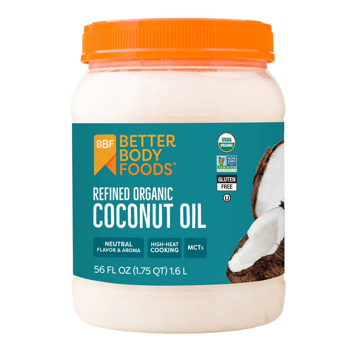 BetterBody Foods Organic Refined Coconut Oil 1.6L jar front