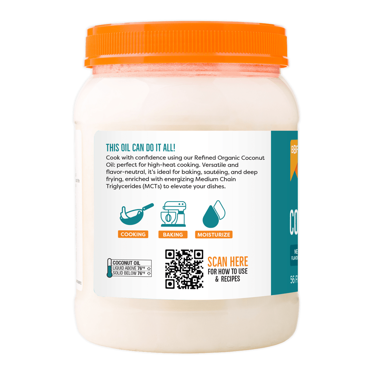 BetterBody Foods Organic Refined Coconut Oil 1.6L jar side