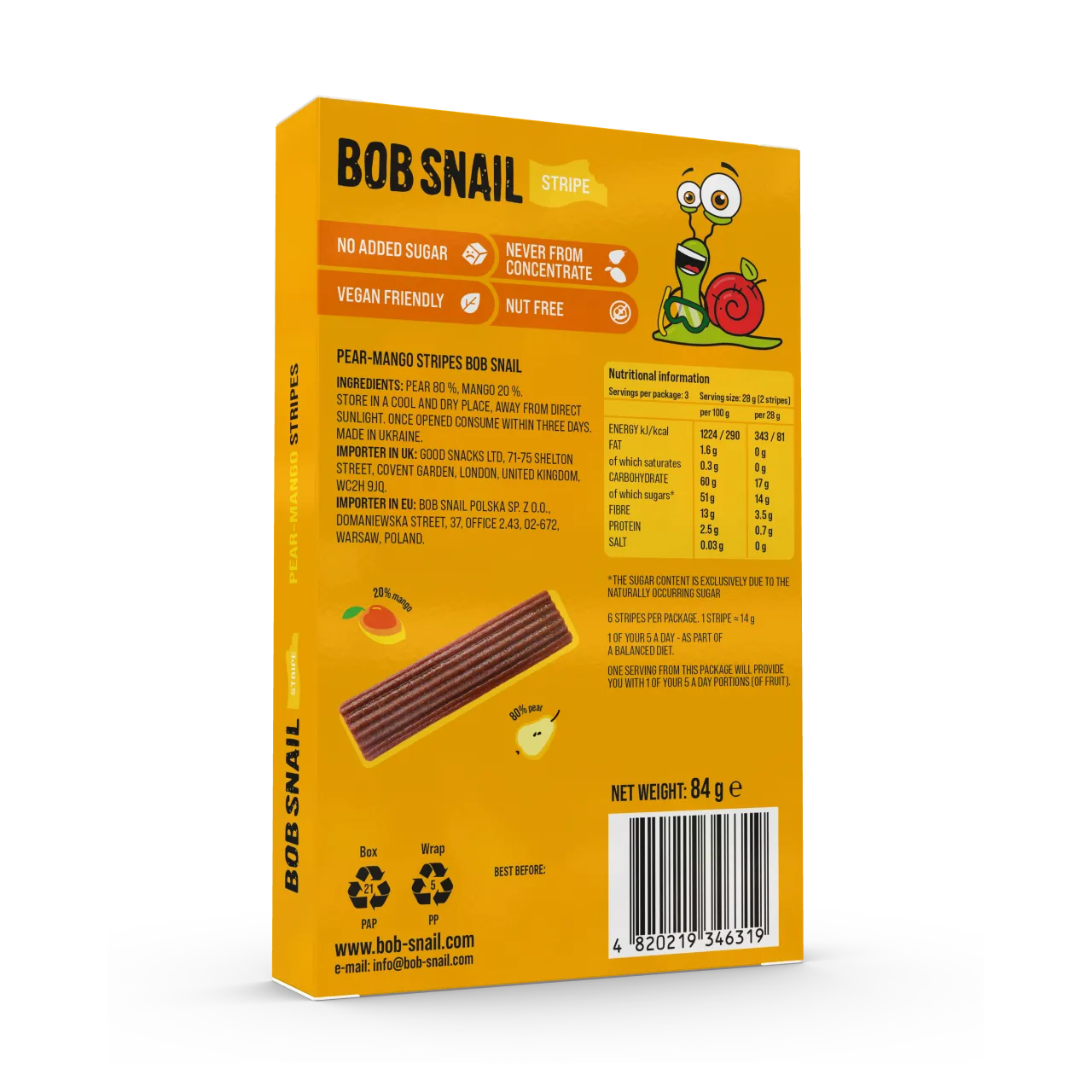 Bob Snail Fruit Stripes Pear & Mango 84g — BambiniJO Jordan