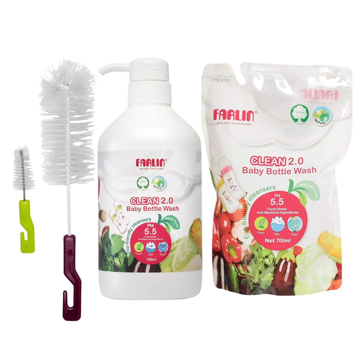 Farlin - Natural Baby Bottle Wash Set + Brush | 700ml X 2 | Liquid Farlin - Natural Baby Bottle Wash Set + Brush | 700ml X 2 | Liquid