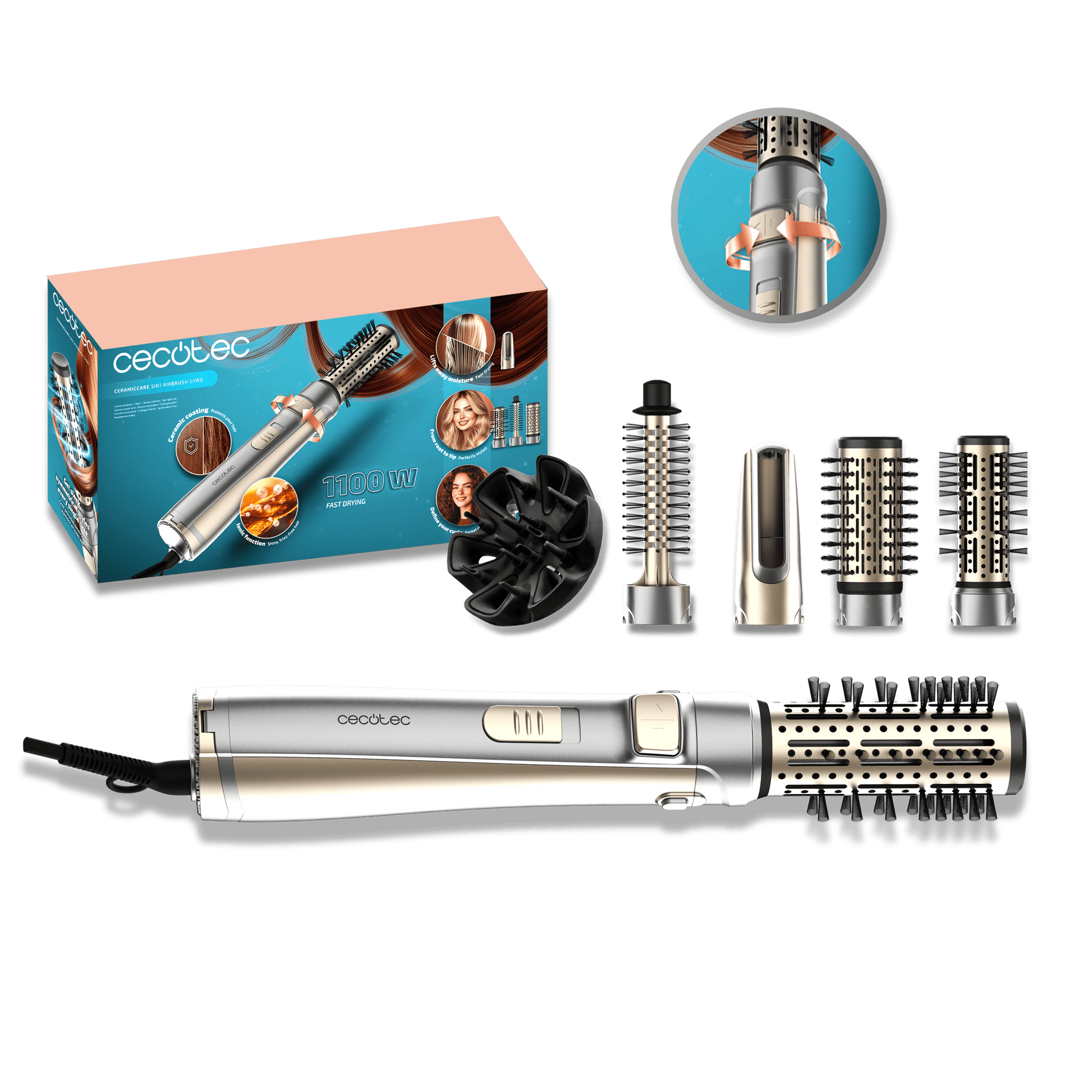 Cecotec - CeramicCare 5in1 AirBrush Gyro Elite Rotating Hot Air Brush | 1100W