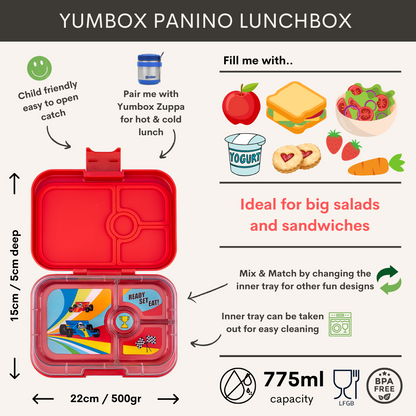 Yumbox - Bento Box | 4 Compartments | Race Cars | Roar Red