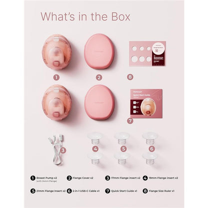 Momcozy W1 set contents: two pumps, flange inserts, USB-C cable