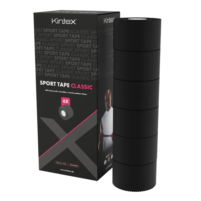 Kintex Sporttape Classic black sports tape 6-roll pack with box