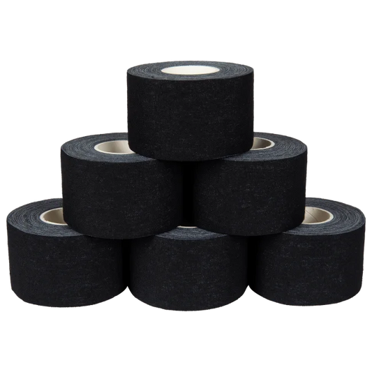 Six rolls of Kintex black cotton sports tape stacked — BambiniJO Jordan