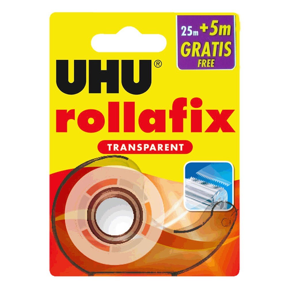 UHU Rollafix transparent tape with dispenser 25m plus 5m free