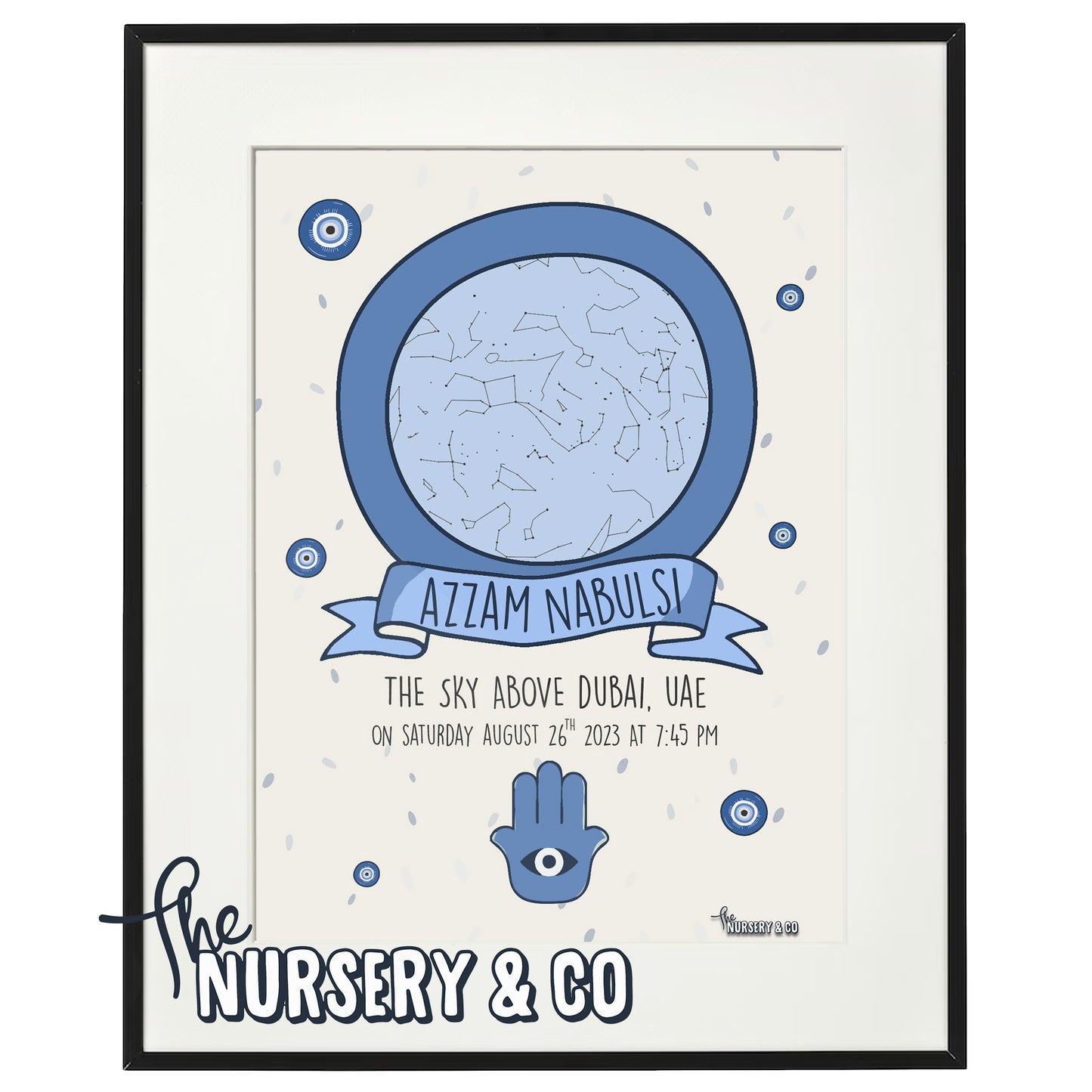 Customized Star Map Frame | Hamsa Palm - Blue