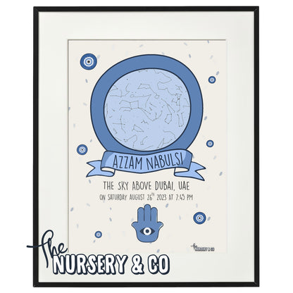 Customized Star Map Frame | Hamsa Palm - Blue