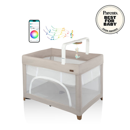 Evenflo Eris One-Hand Playard with Bassinet Coastal Coffee