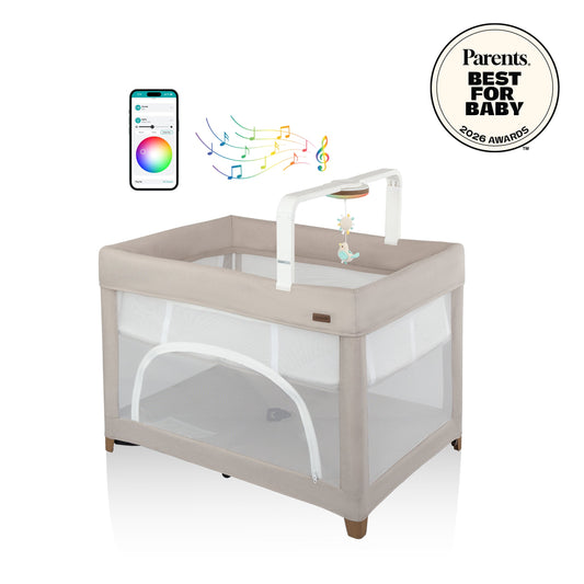 Evenflo Eris One-Hand Playard with Bassinet Coastal Coffee