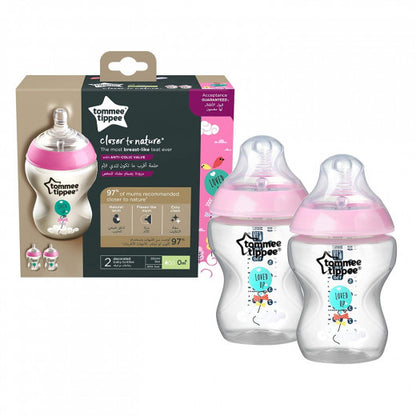 Tommee Tippee Closer to Nature Baby Bottle Decorated Pink, X2 Bottles, 260 ml - BambiniJO