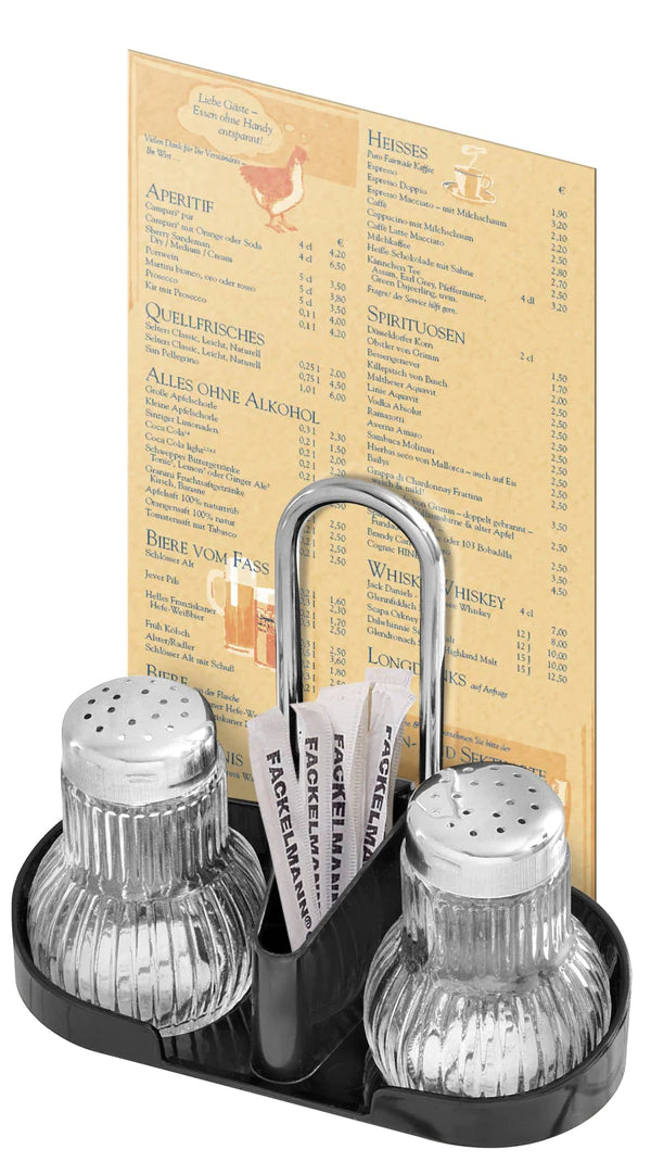Fackelmann - Salt & Pepper Shaker With Toothpicks And Menu Holder, Glass, 75 mm Fackelmann - Salt & Pepper Shaker With Toothpicks And Menu Holder, Glass, 75 mm