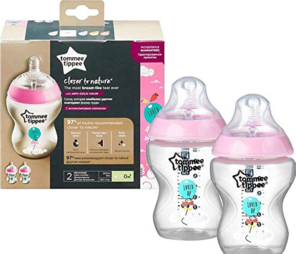 Tommee Tippee - Decorated Closer to Nature Pink Bottle 260ml, 0m+ Pack of 2 Tommee Tippee - Decorated Closer to Nature Pink Bottle 260ml, 0m+ Pack of 2