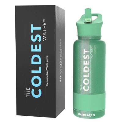 The Coldest Water -Straw Sports Bottle - 946ml - 32 OZ - Green Aurora Glitter