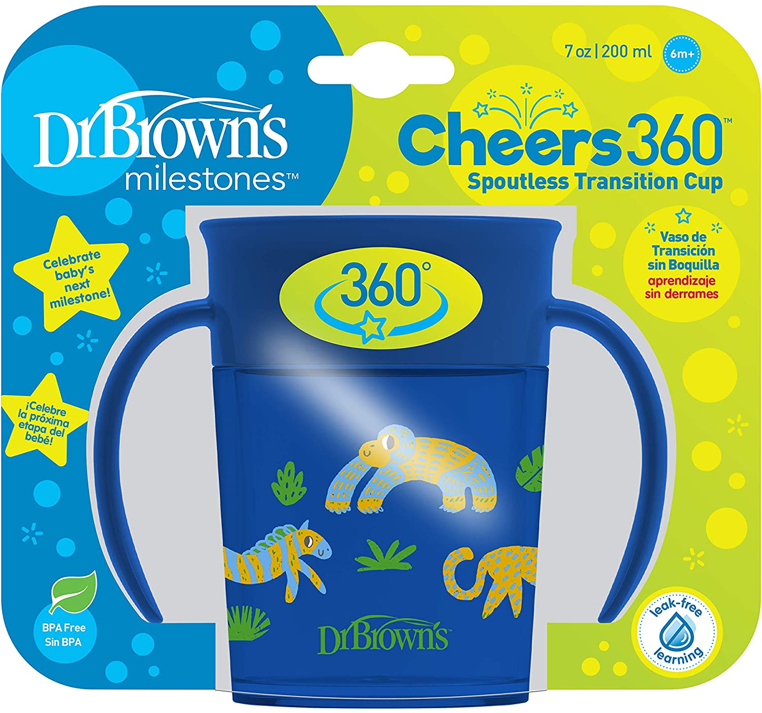 Dr. Brown's - Cheers 360 Spoutless Training Cup with lid Blue Animals, 6m+ | 200ml Dr. Brown's - Cheers 360 Spoutless Training Cup with lid Blue Animals, 6m+ | 200ml