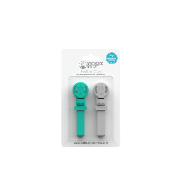 Matchstick Monkey - Green & Cool Grey Double Soother Clips