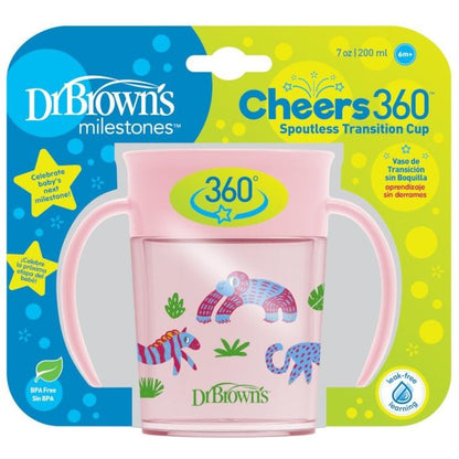 Dr. Brown's Cheers 360 Spoutless Training Cup with lid Pink Animals, 6m+, 200ml - BambiniJO | Buy Online | Jordan