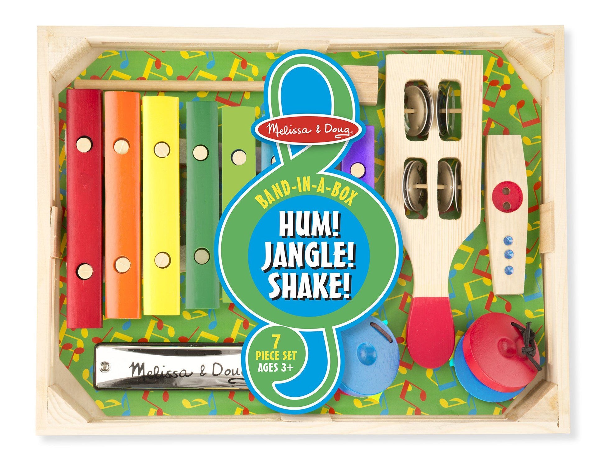 Melissa & Doug Band-in-a-Box Hum! Jangle! Shake! - 7-Piece Musical Instrument Set - BambiniJO