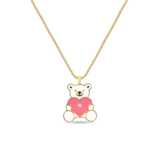 Pink Teddy Bear Kid's Diamond Necklace
